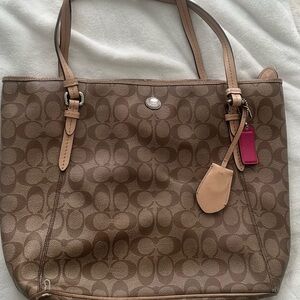 Coach Tan Signature Tote with Pink Tag